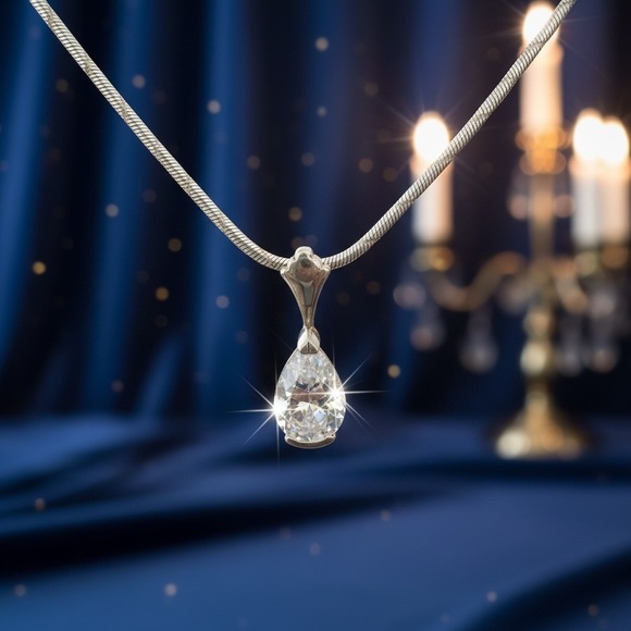 925 Sterling Silver Jewelry - Vintage Sterling Stamped Silver Necklace with cz diamond Teardrop Pendant 3.4 ct